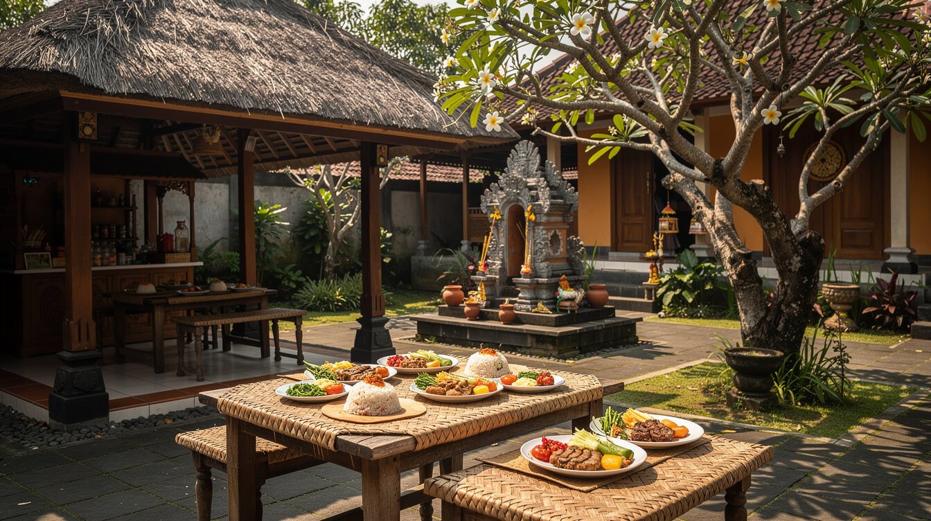Family compound warung near Ubud with low tables under a thatched pavilion