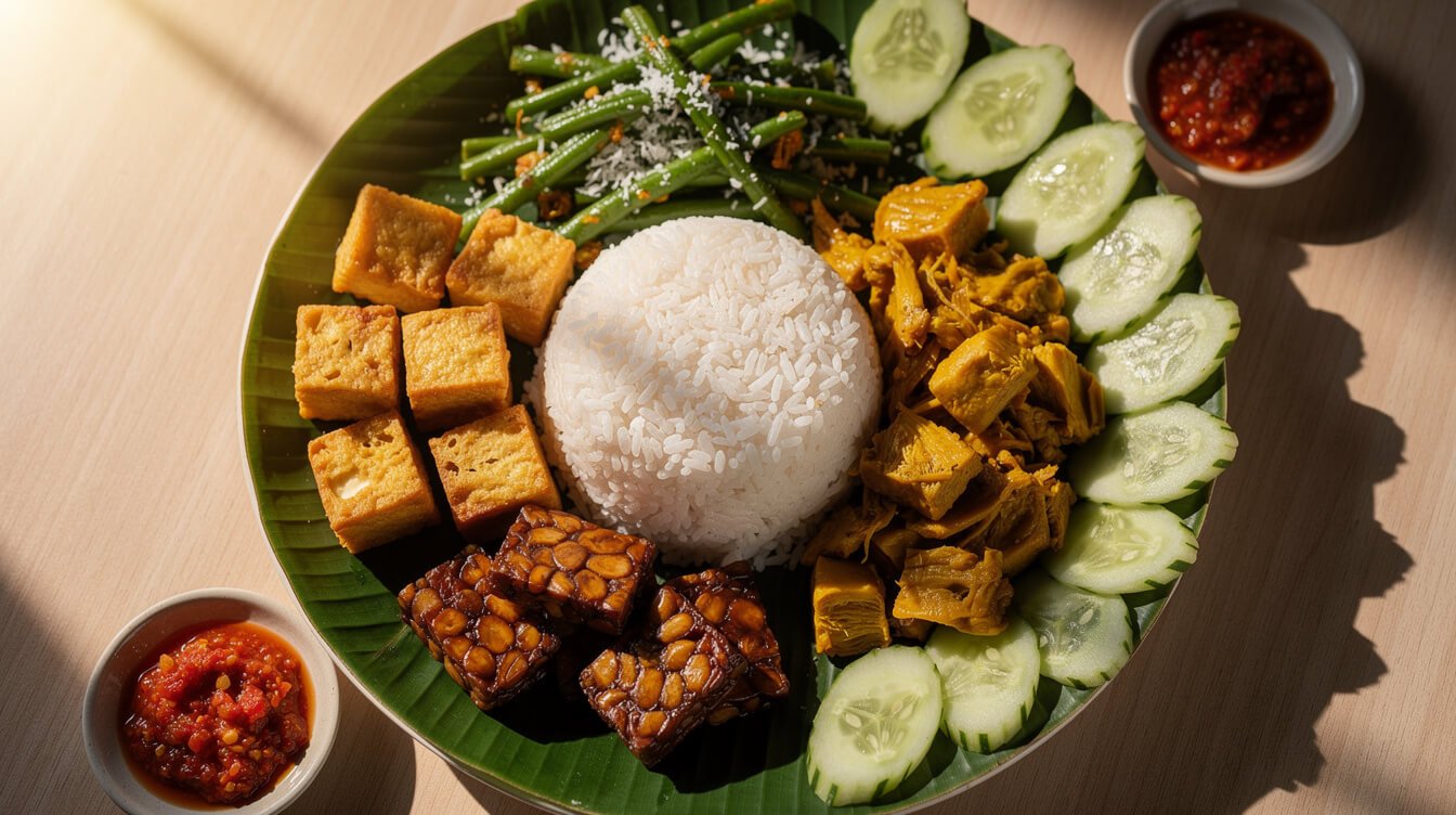 Vegetarian Balinese mixed rice plate with tofu, tempeh, urab and jackfruit curry