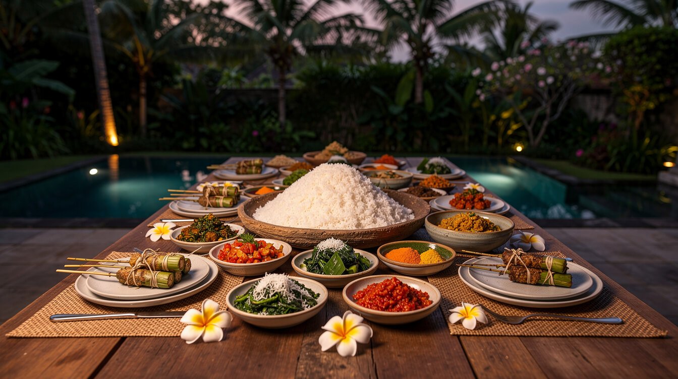 Family-style Balinese dinner table on a villa terrace in Ubud at dusk
