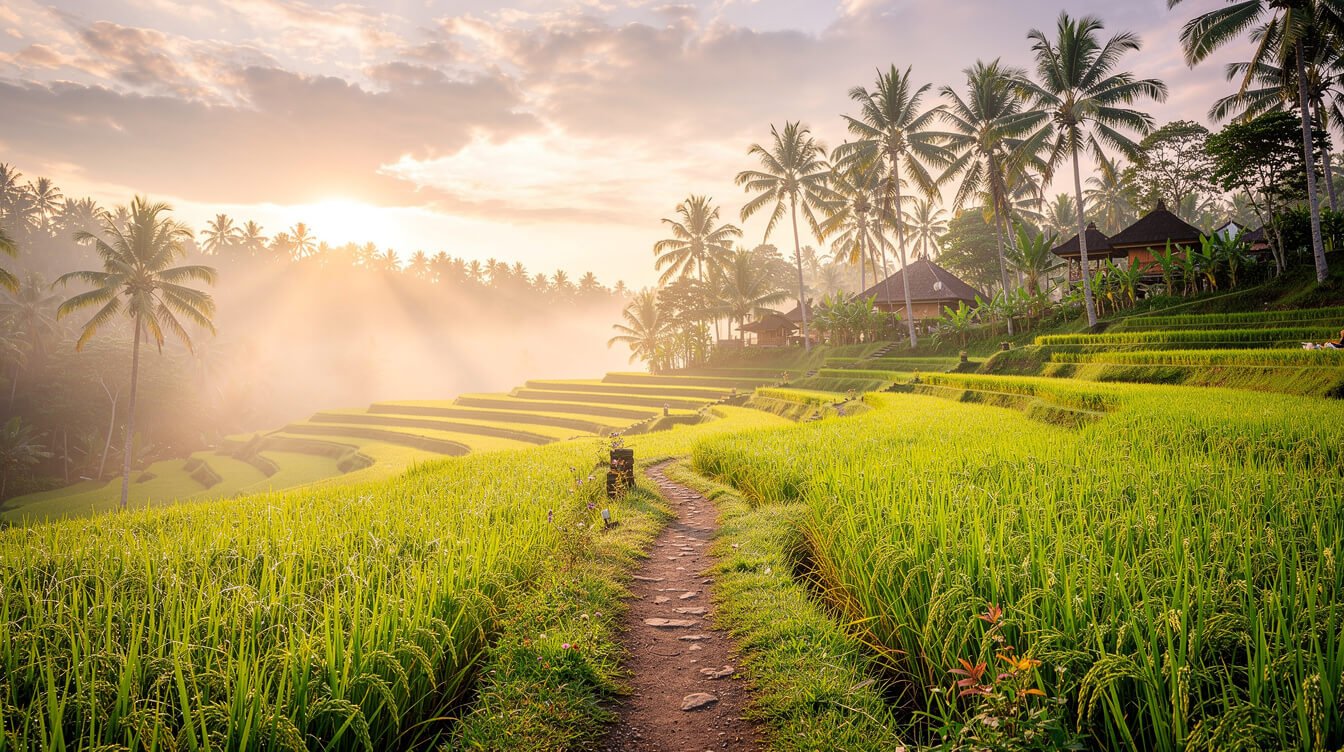 Misty sunrise over terraced rice fields near Ubud