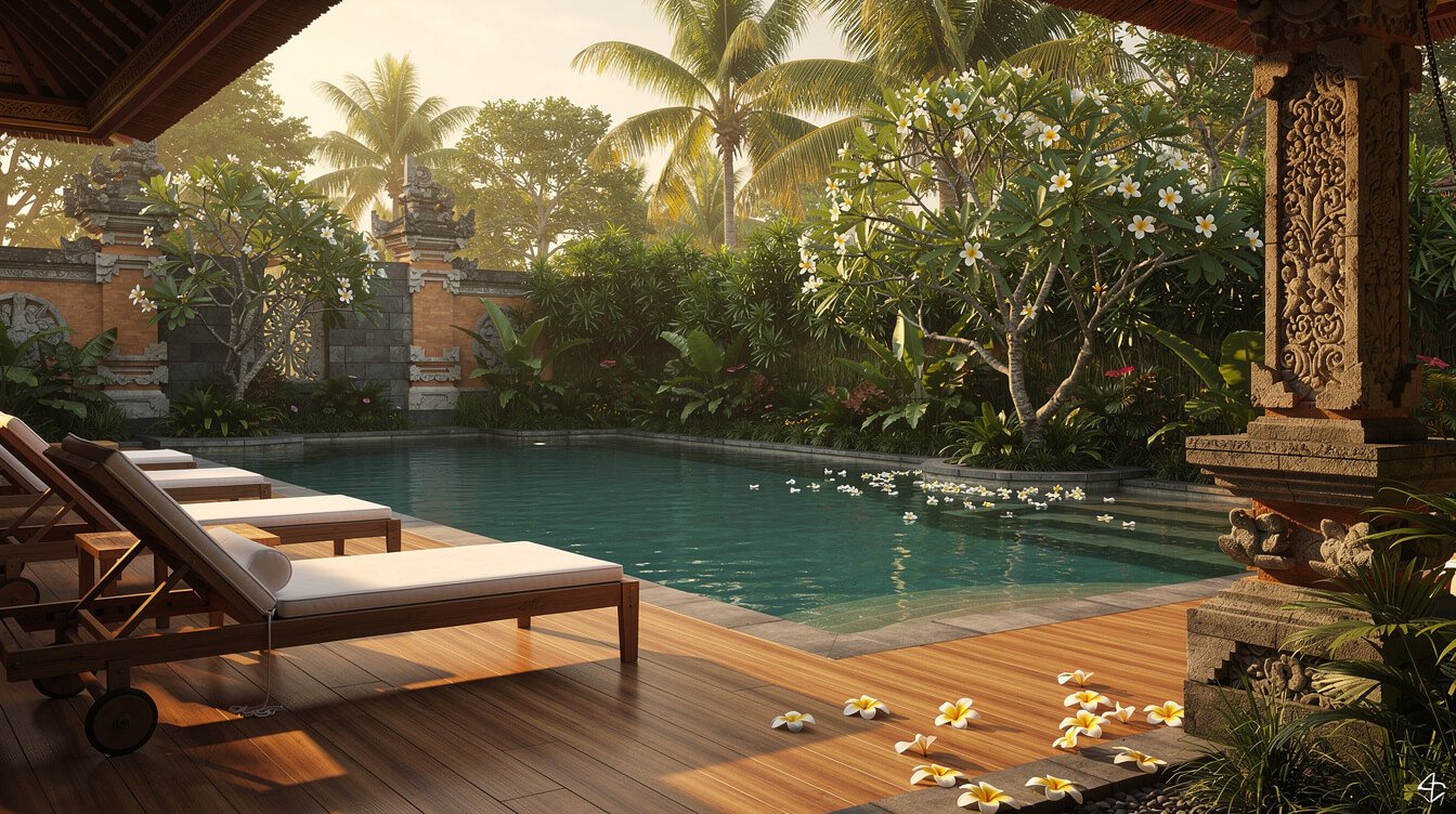 Villa Amrita pool deck and tropical garden in Ubud