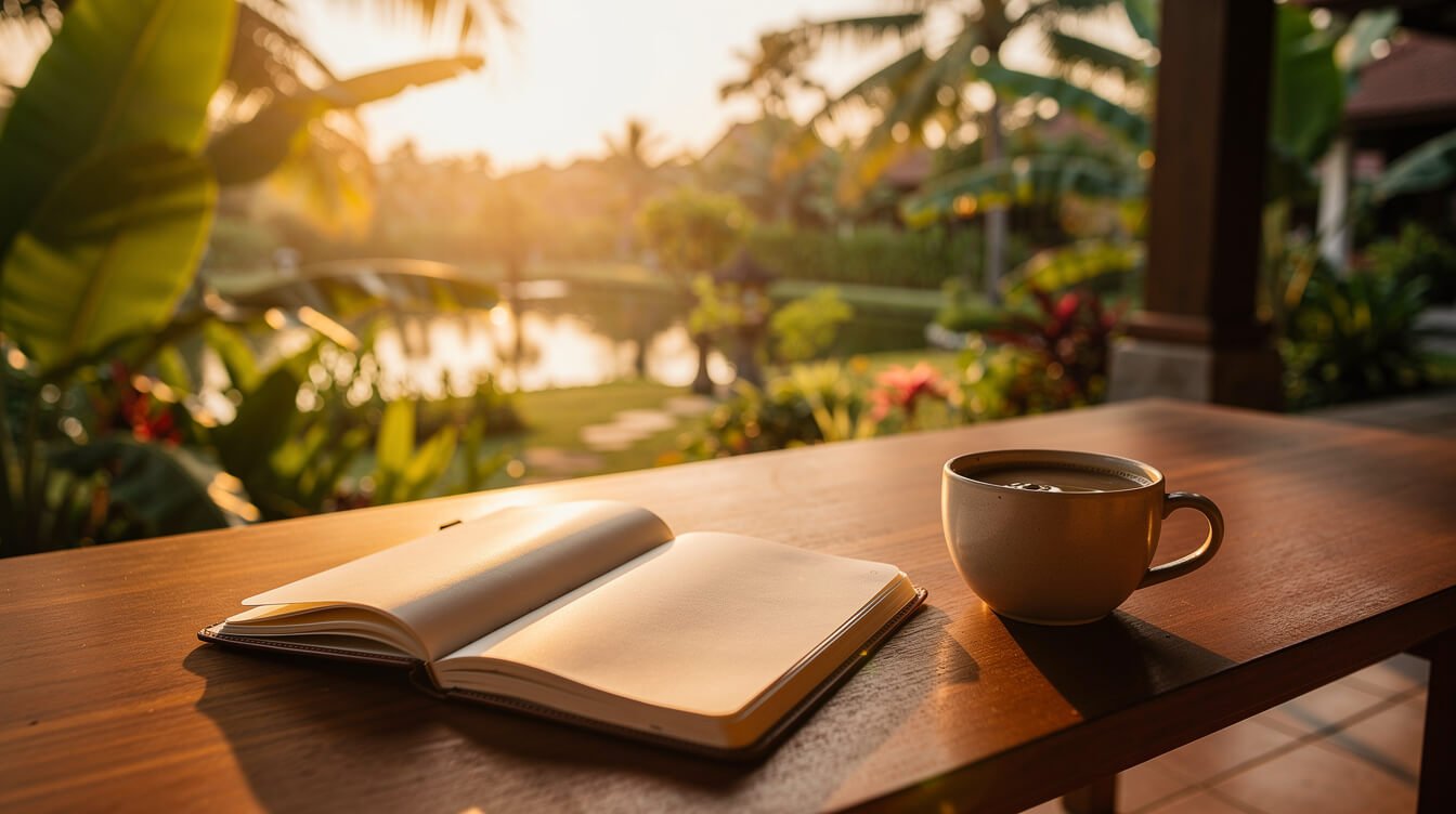 Open notebook and coffee on a villa terrace at sunset in Ubud
