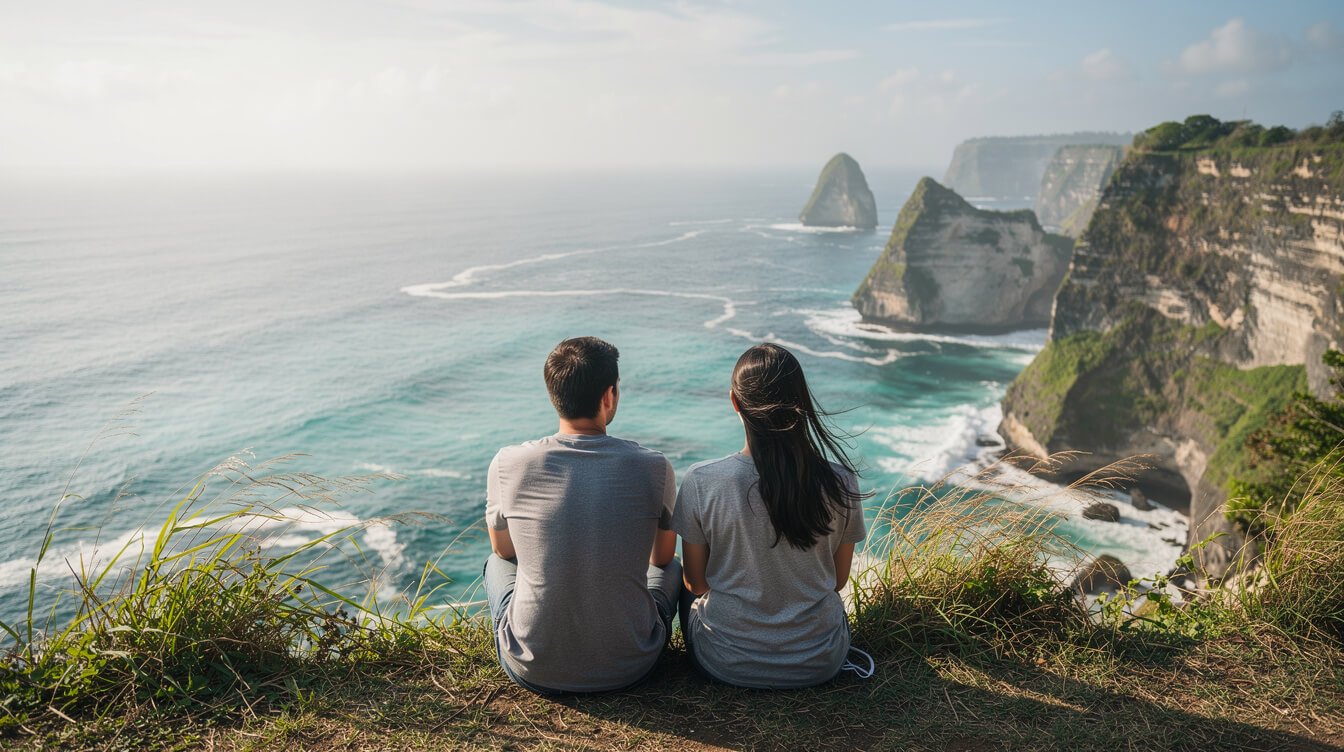 Couple looking out from a cliff over the ocean on Nusa Penida