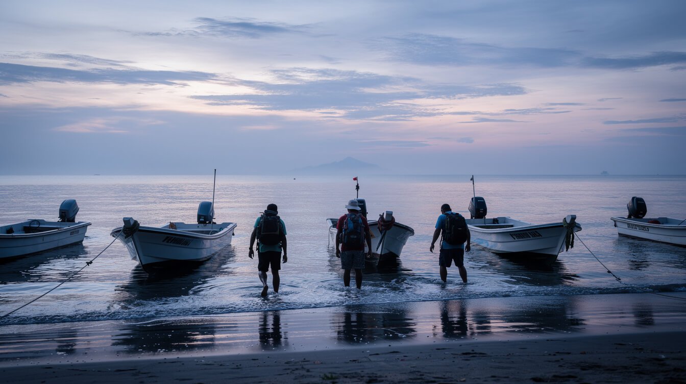 Fast boats waiting at Sanur harbor at dawn with Nusa Penida on the horizon