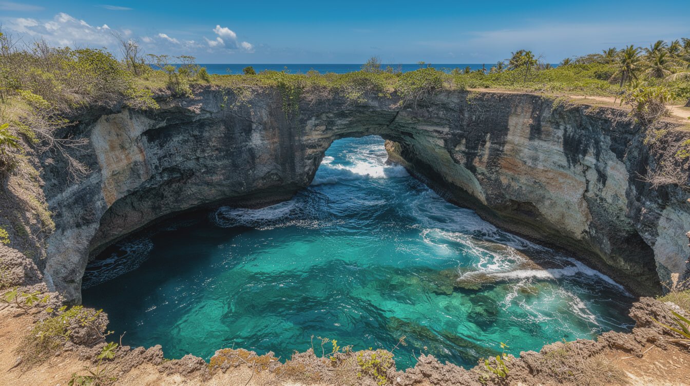 Broken Beach circular sea pool and rock arch on Nusa Penida
