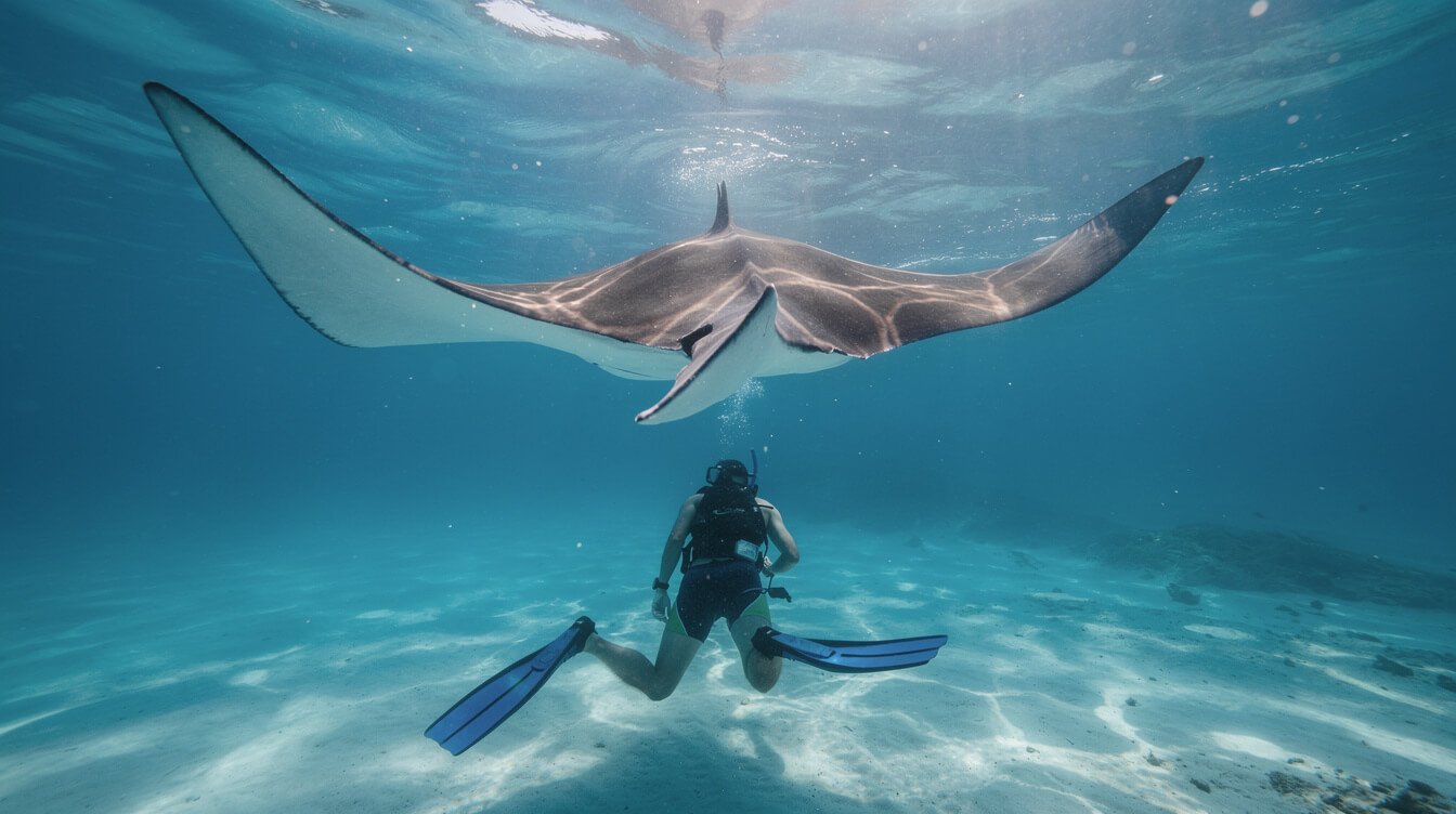 Manta ray gliding above a snorkeler in clear water off Nusa Penida