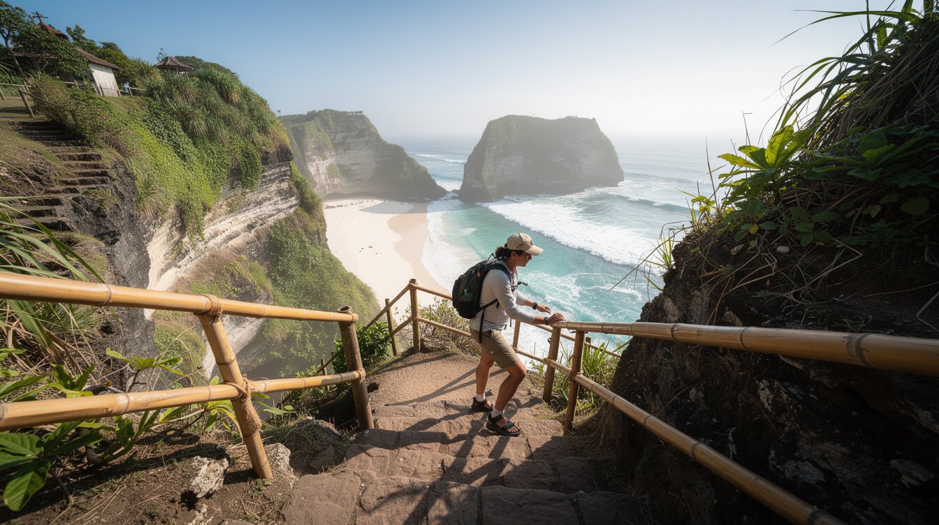 Steep cliffside stairway with bamboo handrails leading to a beach on Nusa Penida