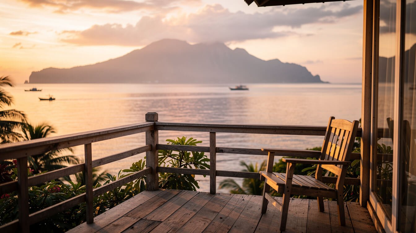 Guesthouse balcony on Nusa Penida at sunset looking toward mainland Bali