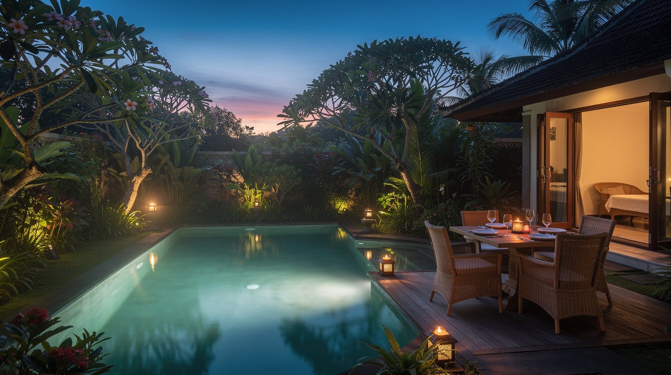 Softly lit private villa pool and dinner table at dusk in Ubud
