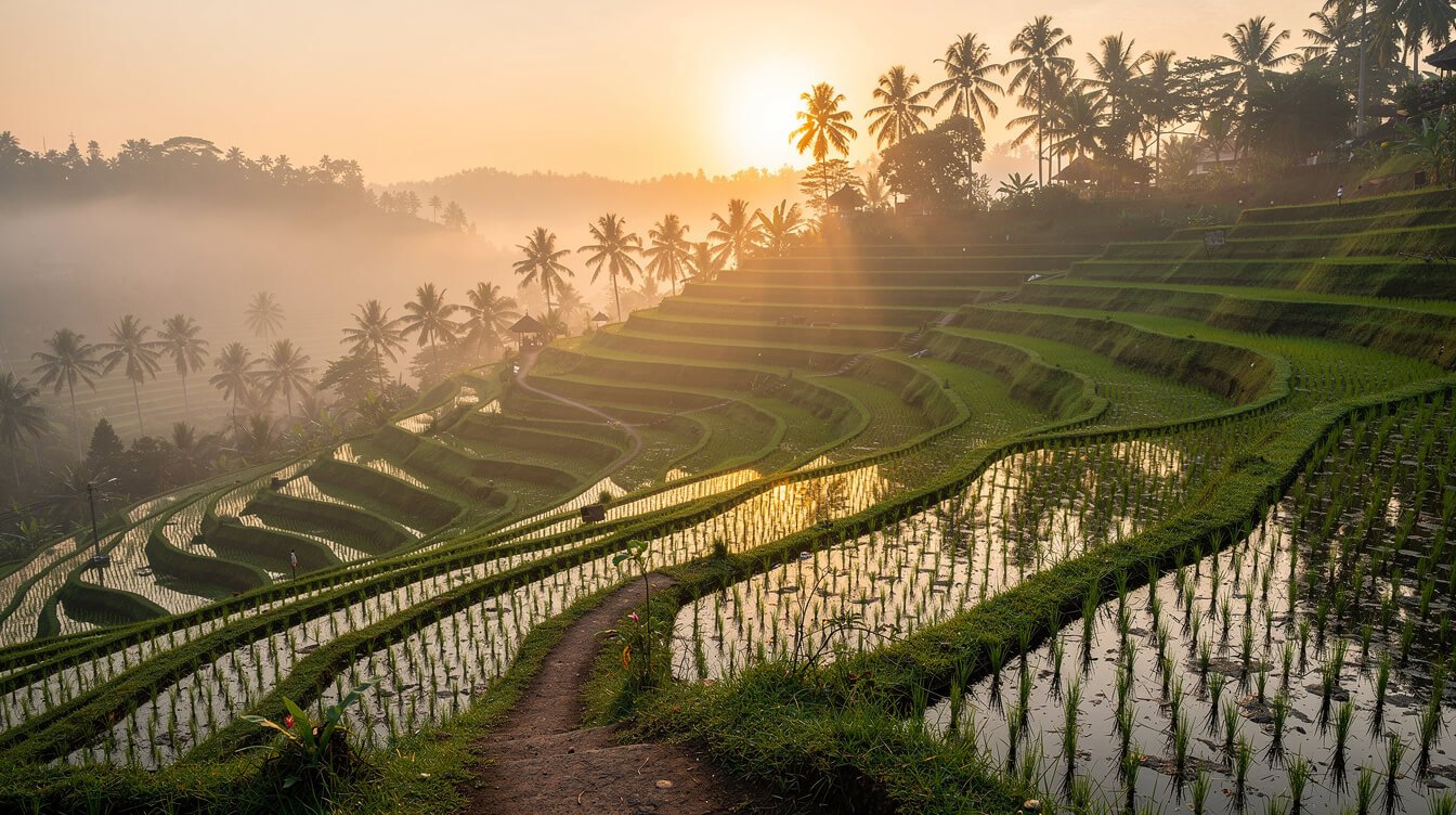 Misty sunrise over terraced rice fields near Ubud