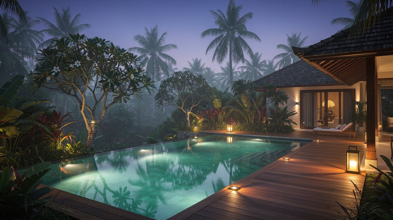Villa Amrita pool deck and tropical garden in Ubud at dusk