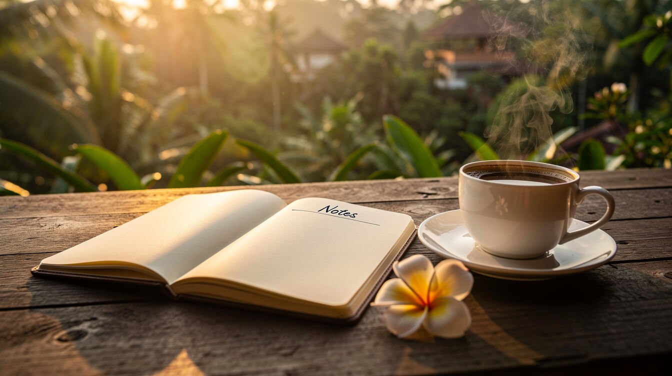 Open notebook and coffee on a villa terrace at sunset in Ubud