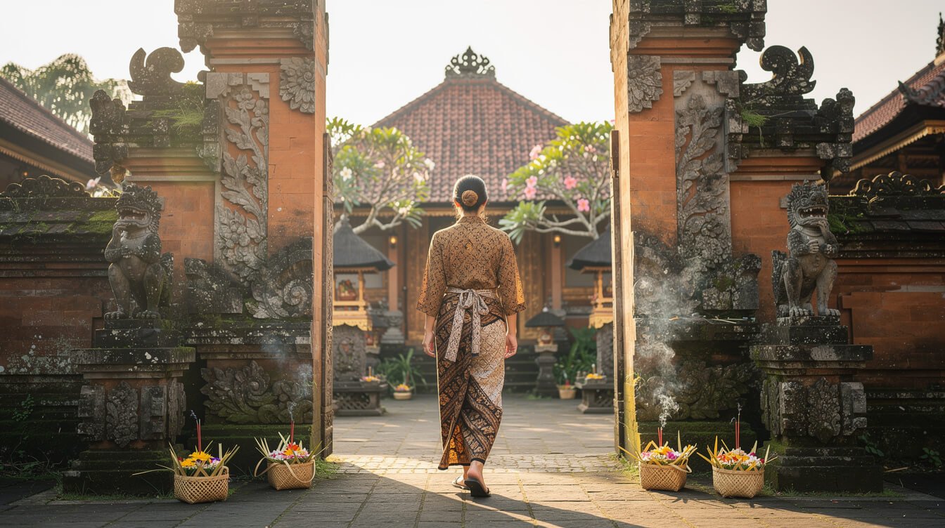 Visitor in a sarong walking through the Ubud Palace gateway