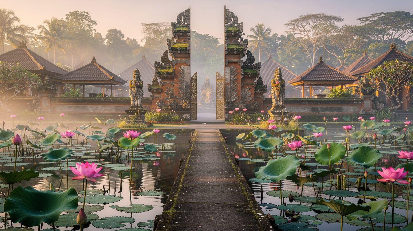 Lotus pond at Pura Taman Saraswati near Ubud Palace in the morning