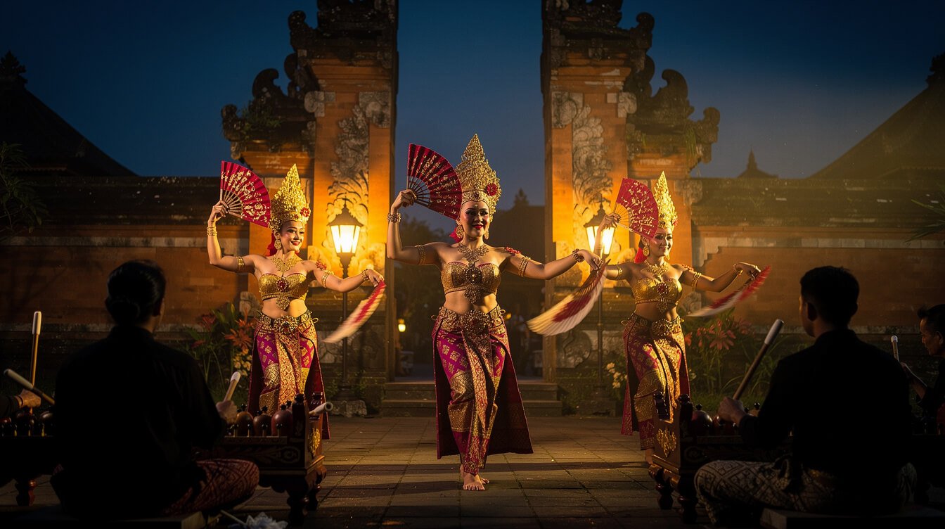 Legong dance performance in the Ubud Palace courtyard at night