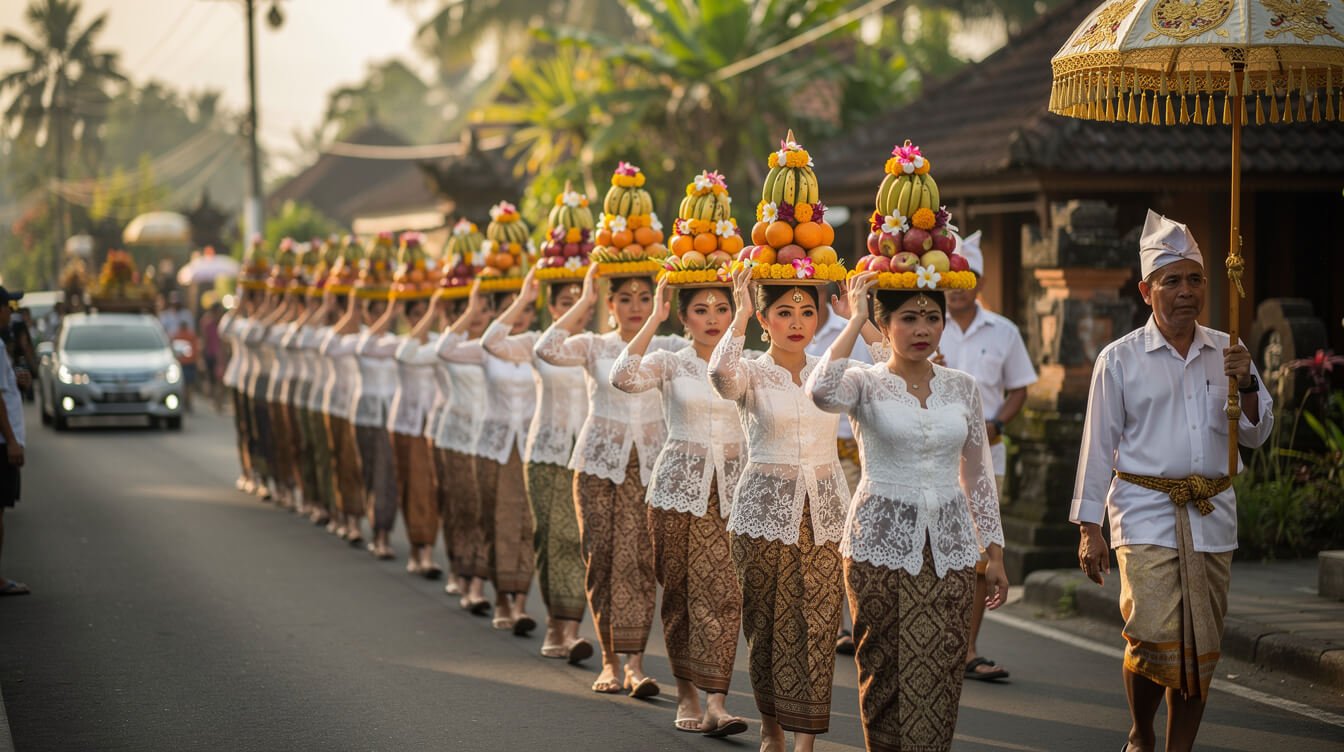 Temple ceremony procession on Jalan Raya Ubud near Ubud Palace