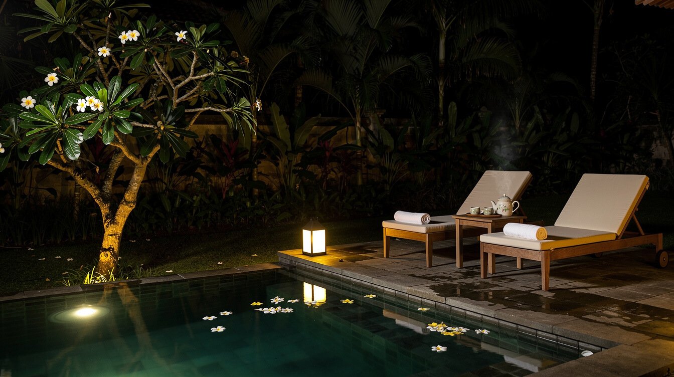 Villa pool deck in Ubud lit by lanterns after an evening at Ubud Palace