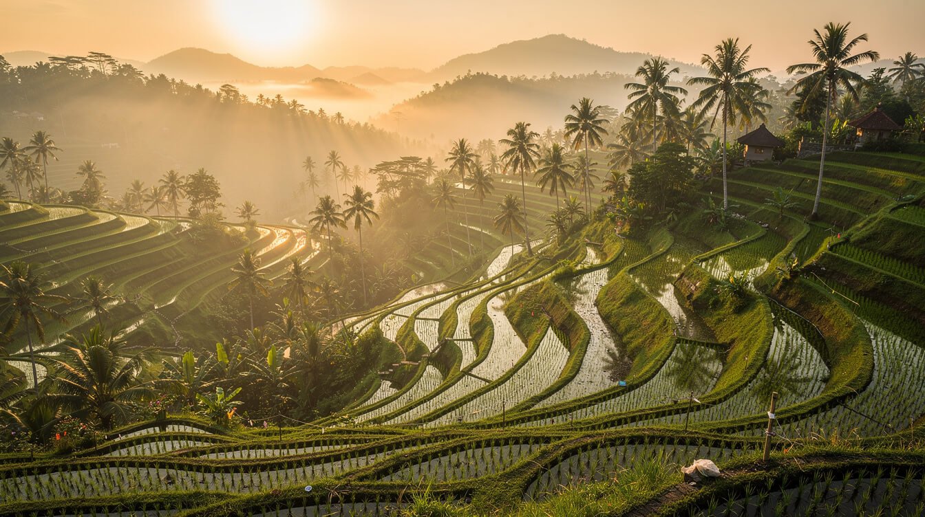 Misty sunrise over terraced rice fields near Ubud