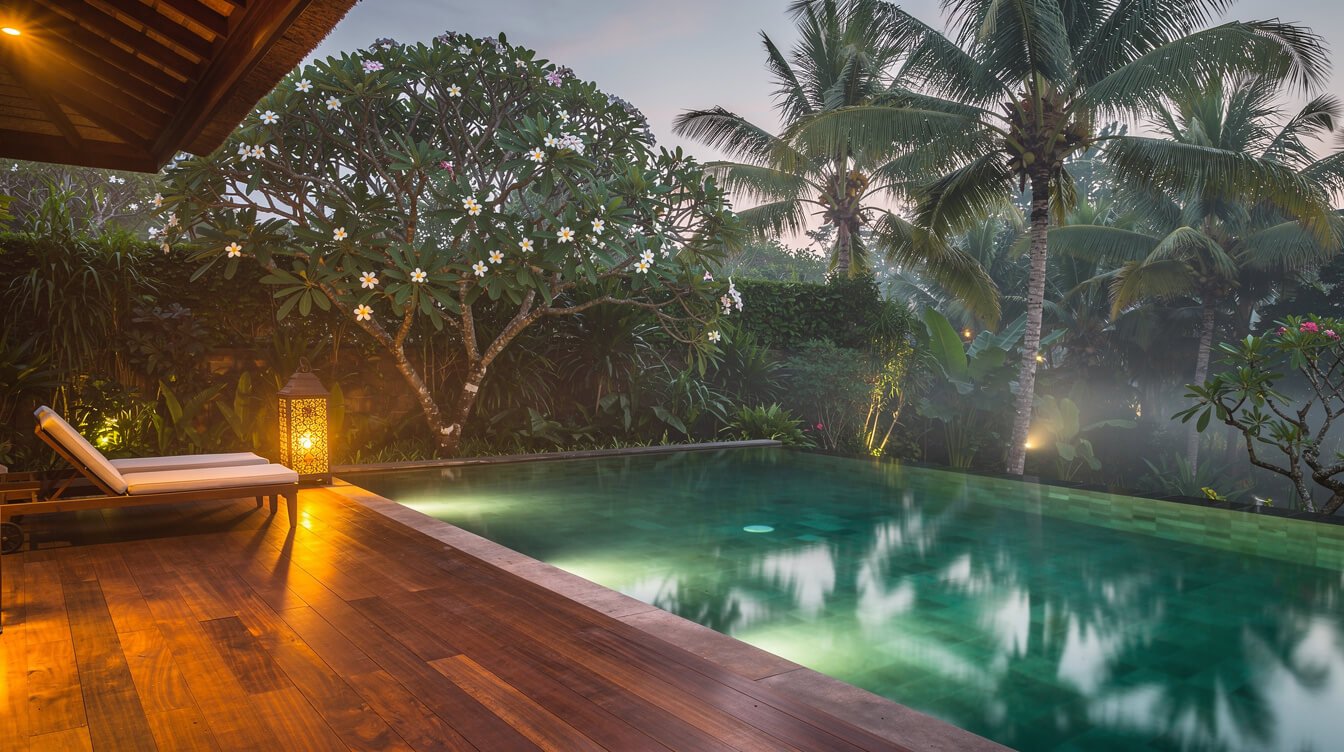 Villa Amrita pool deck and tropical garden in Ubud at dusk