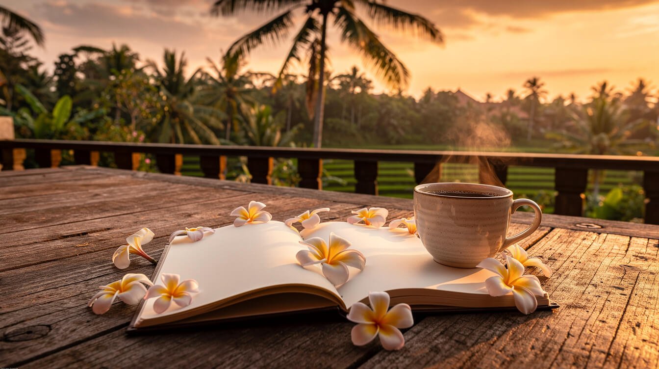 Open notebook and coffee on a villa terrace at sunset in Ubud