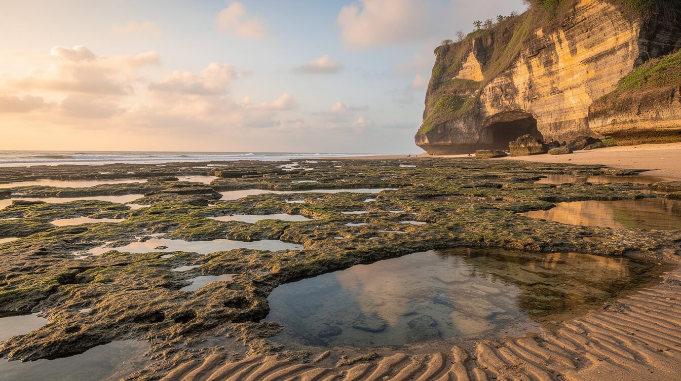 Low tide reef shelf and rock pools below the cliffs at Uluwatu