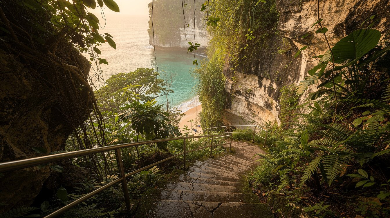 Steep cliff stairway down to a cove near Uluwatu