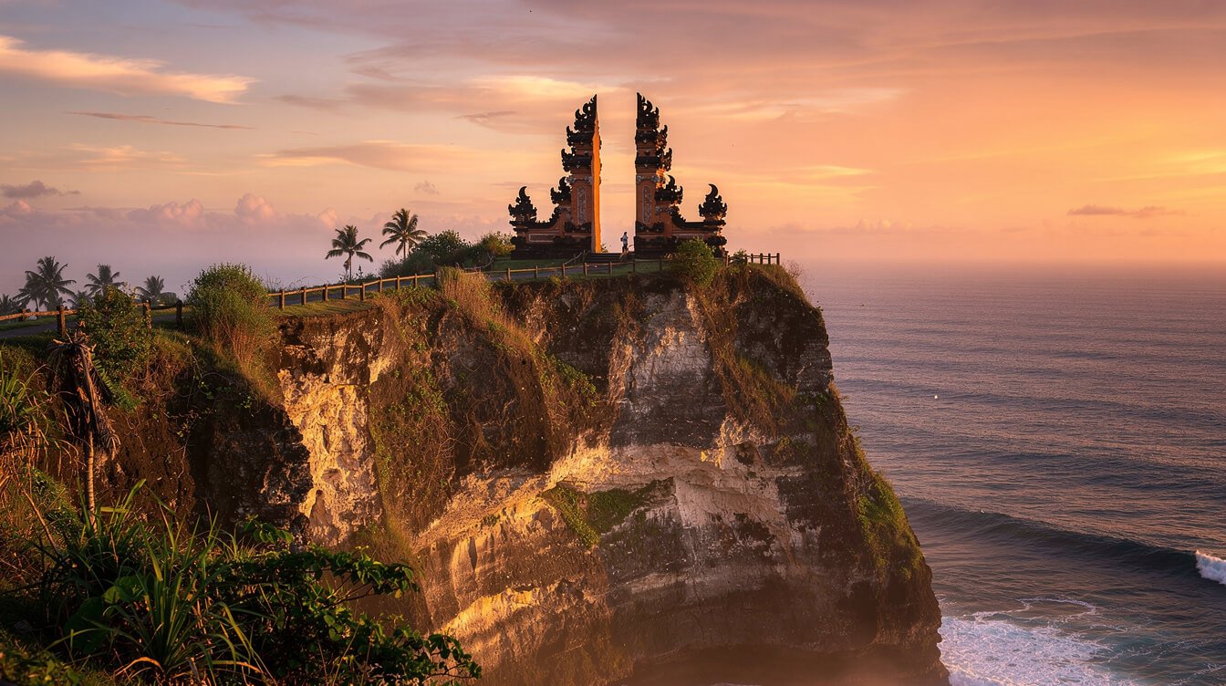 Temple gate on the cliffs of the Bukit Peninsula at sunset