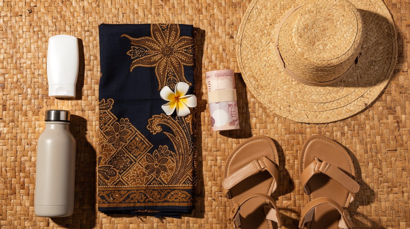 Beach day packing essentials for Uluwatu laid on a rattan mat