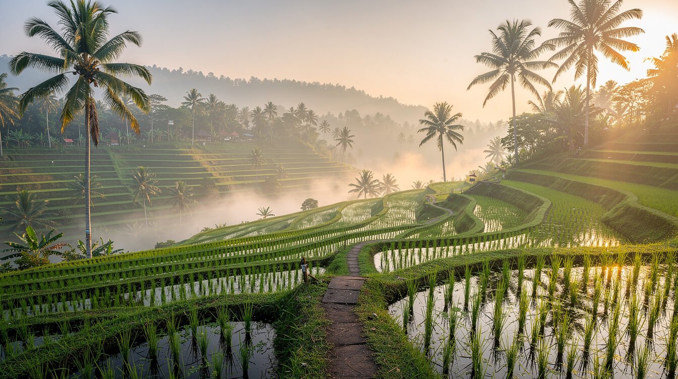 Misty sunrise over terraced rice fields near Ubud