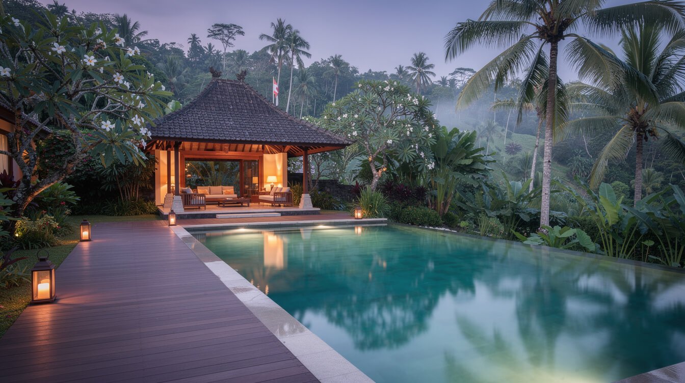 Villa Amrita pool deck and tropical garden in Ubud at dusk
