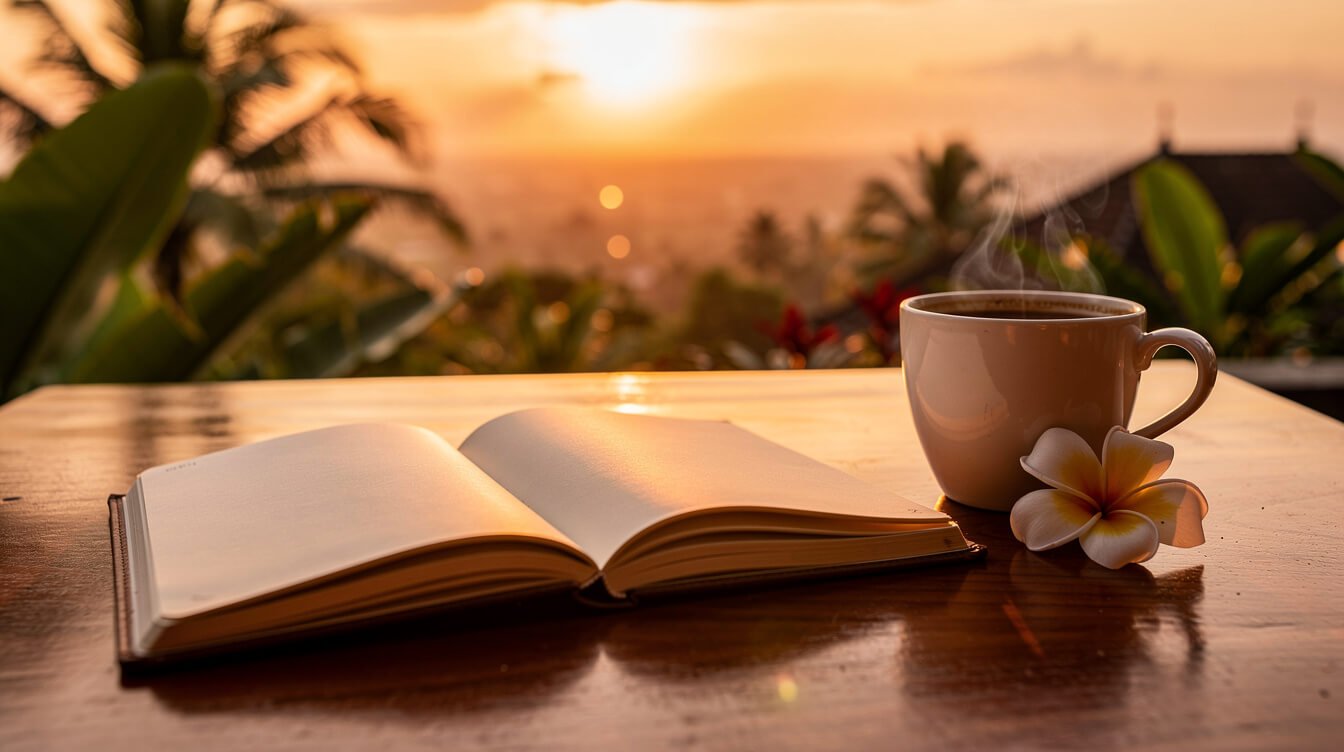 Open notebook and coffee on a villa terrace at sunset in Ubud