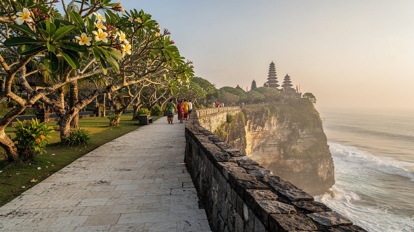 Clifftop stone path above the ocean at Uluwatu with the temple shrine in the distance