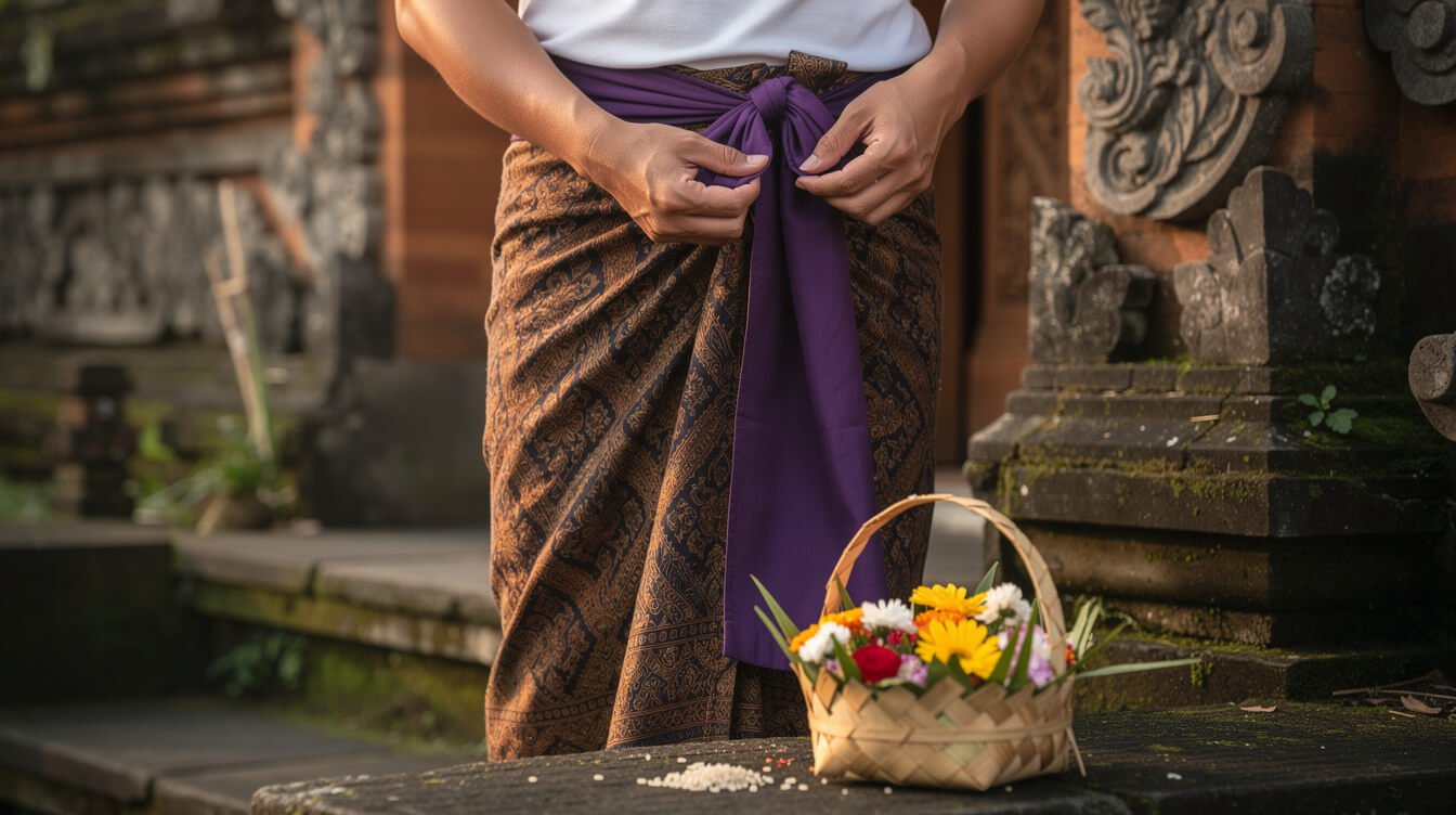 Hands tying a temple sash over a batik sarong beside a woven offering basket