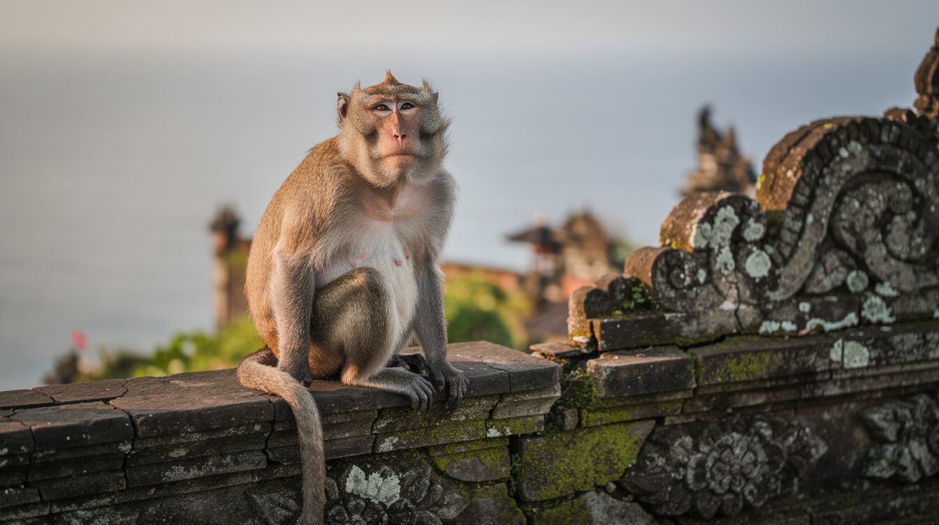 Long-tailed macaque sitting on a carved stone wall at Uluwatu