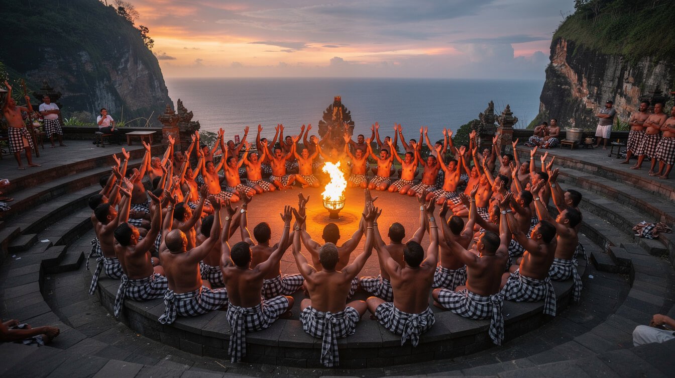 Kecak dance chorus around a fire at the Uluwatu clifftop amphitheater at sunset