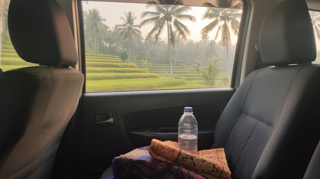 Rice terraces and palms seen from a car window on the drive south from Ubud