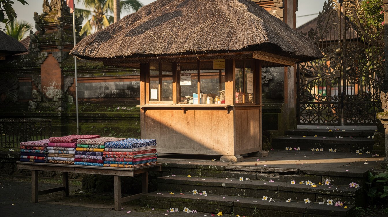 Temple ticket booth with folded sarongs at the Uluwatu entrance